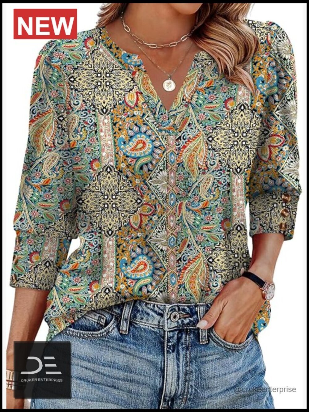 3/4 Sleeve V-Neck Blouse Button Cuff Dressy Casual Top